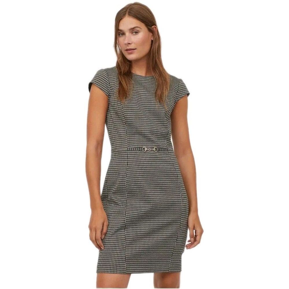 H&M Houndstooth Sheath Dress Black Beige Horse Bit Accent Womens 6 Dark Academia